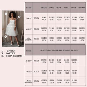 K&ouml;nnte beinhalten: Gr&ouml;&szlig;entabelle f&uuml;r ein wei&szlig;es Kleid, mit Ma&szlig;en in Zoll und Zentimetern. Die Tabelle enth&auml;lt Brust-, Taillen- und H&uuml;ftumfang-Ma&szlig;e f&uuml;r verschiedene Gr&ouml;&szlig;en, von 36-XS bis 56-7XL.
