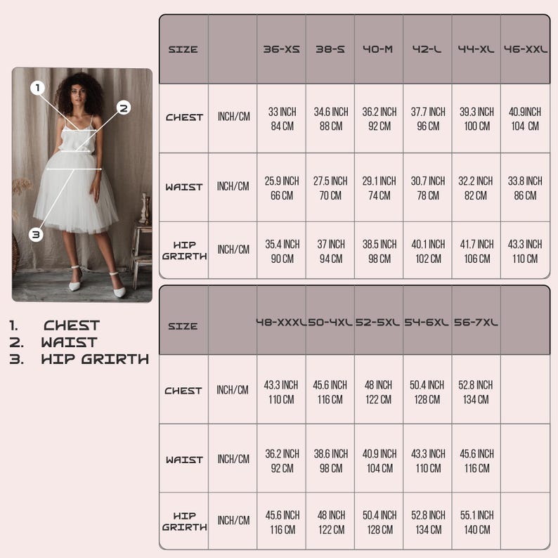K&ouml;nnte beinhalten: Gr&ouml;&szlig;entabelle f&uuml;r ein wei&szlig;es Kleid, mit Ma&szlig;en in Zoll und Zentimetern. Die Tabelle enth&auml;lt Brust-, Taillen- und H&uuml;ftumfang-Ma&szlig;e f&uuml;r verschiedene Gr&ouml;&szlig;en, von 36-XS bis 56-7XL.