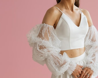 Pearl tulle sleeves, Detachable bridal sleeve, Pearl bridal sleeves, Tulle bridal sleeves, Add on sleeves, Puffy sleeves, Beaded sleeves