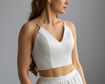 Top de novia de satén, Top de boda de satén, Top de boda blanco, Top de novia marfil, Top corto de novia blanco, Top de satén blanco, Conjuntos de boda