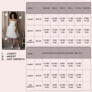 May include: A size chart for a white dress, with measurements in inches and centimeters. The chart includes chest, waist, and hip girth measurements for various sizes, from 36-XS to 56-7XL.