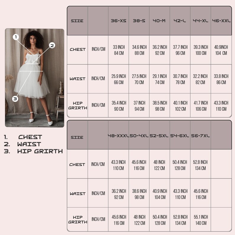 May include: A size chart for a white dress, with measurements in inches and centimeters. The chart includes chest, waist, and hip girth measurements for various sizes, from 36-XS to 56-7XL.