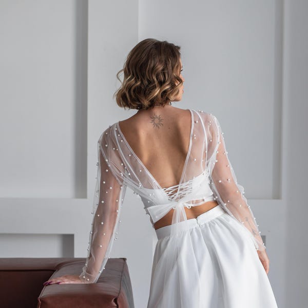 Braut Topper mit Perlen, Hochzeitskleid Topper, Perlen Hochzeit Top, Tüll Braut Topper, Braut Topper mit Schleife, Hochzeits Bolero, Braut Shrug Perle