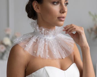 Collar de tul con perlas, Collar de tul nupcial, Volante de perlas para el cuello, Collar de boda, Collar de tul, Accesorio nupcial, Collar de perlas para novia