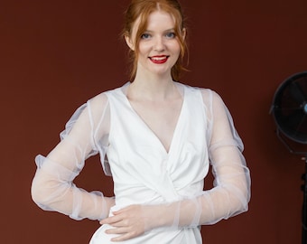 Bolero de tul para boda, bolero de novia transparente color marfil, bolero de novia, topper de boda transparente, top de novia de tul, top de novia de manga larga