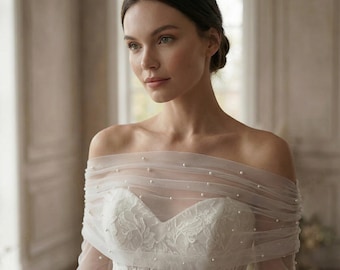 Capa de bolero de novia, capa de vestido de novia, chal de novia de tul, chal de novia transparente, chal de novia con hombros descubiertos, chal de novia de tul, mangas de boda