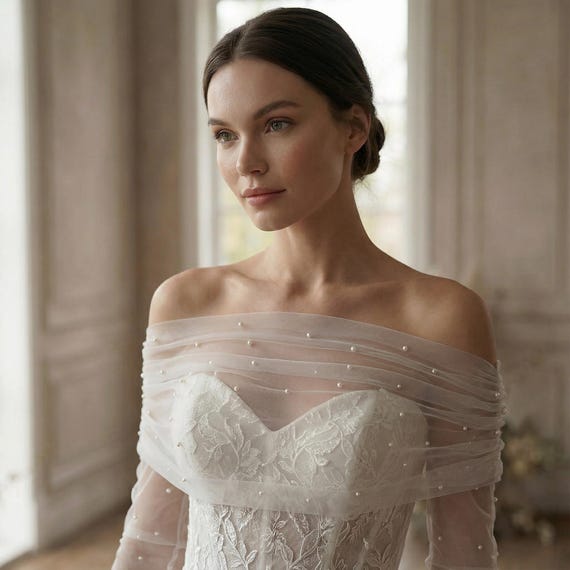 Bridal Shrug Overlay,Wedding Dress Overlay,Tulle Bridal Wrap,Sheer Wedding Shrug,Off Shoulder Bridal Wrap,Bridal Tulle Shawl,Wedding sleeves