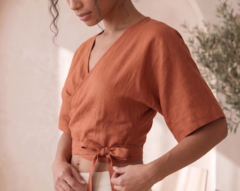 Top cruzado de lino, blusa cruzada de lino, top kimono de lino, blusa de lino de verano, blusa kimono de lino, top de lino para mujer, blusa elegante para mujer