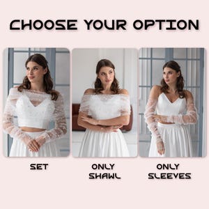 May include: Three options for bridal wear are displayed: a set, a shawl, and sleeves. Each option features a white top and skirt. The set includes a crop top and sleeves. The shawl is off-the-shoulder. The sleeves are sheer and adorned with pearls.