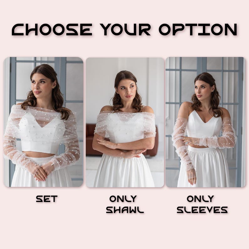 May include: Three options for bridal wear are displayed: a set, a shawl, and sleeves. Each option features a white top and skirt. The set includes a crop top and sleeves. The shawl is off-the-shoulder. The sleeves are sheer and adorned with pearls.