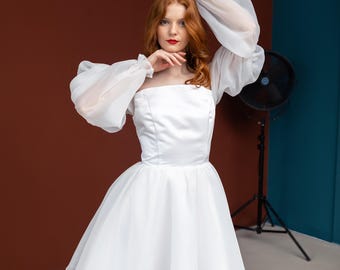 Short organza white dress, Short bridal dress, Wedding dress mini, Elopement dress short, Rehearsal dinner dress, Wedding party dress