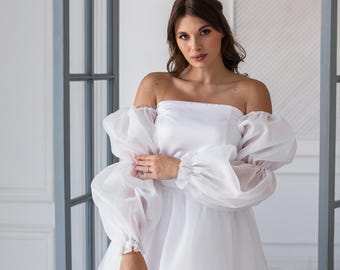 Short bridal dress, Civil wedding dress, Mini wedding dress, Short white dress, Organza wedding dress, Puffy sleeve dress,Sheer bridal dress