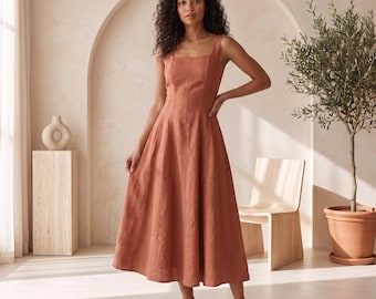 Vestido de lino 100% para mujer, vestido largo de lino, vestido de lino de verano, vestido de lino con tirantes, vestido de lino elegante, vestido de lino natural, vestido de lino de tallas grandes