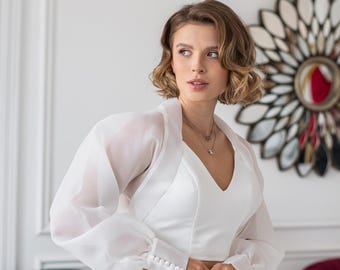 Organza bridal topper, Organza puff sleeve bolero,Bridal bolero,Organza dress topper,Wedding overlay top,White wedding cover up,Sheer bolero