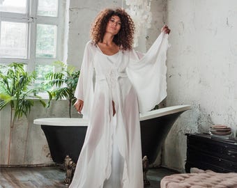 Wedding robe long length, Robe for bride, Floor length robe wedding, Boudoir robe, Long bridal robe, White bridal robe, Sheer robe
