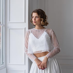 Pearl wedding top, Bridal bolero plus size, Beaded wedding bolero, Bridal topper with sleeves, Sheer bridal topper, Pearl overlay top