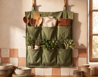 Organizador de pared de lino 100%, organizador colgante de pared de lino, almacenamiento colgante con bolsillos, organizador de pared de cocina, organizador colgante de pared de tela