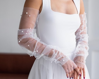 Detachable wedding dress sleeves,Pearl bridal sleeves,Removable bridal sleeves,Beaded sleeves,Sheer sleeves to add on,Long sleeves for dress