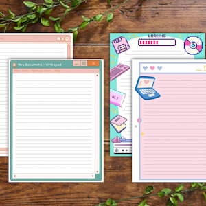 May include: A collection of lined notepads with a retro computer theme. The notepads feature pastel colors, pixelated graphics, and text that reads "New Document - Writepad" and "Untitled - Paint". The designs include a laptop, floppy disk, and keyboard.