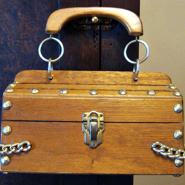 Retro Mod 60's Wood Box Purse with Nail Heads 'n Chain, Chain, Chains