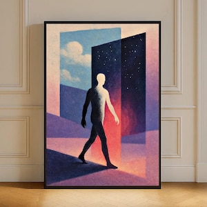 Surreal Astral Portal Digital Art Print – Man Walking Through Light and Stars, Dreamscape Wall Art for Meditation or Cosmic Decor