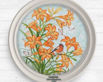 Daylily 2 (blue). Cross Stitch Pattern pdf. Flowers xstitch chart. Digital. Saga. NadGavr 1213