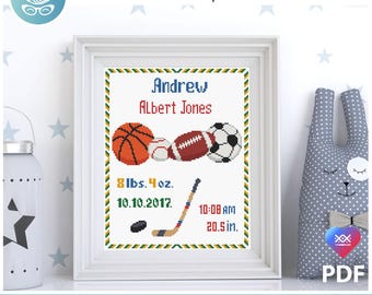 Baby Birth Announcement Cross Stitch Pattern: Sport Nursery Theme for baby boy or girl (Personalized DIY PDF file) AXS0522