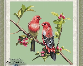 Strawberry finches (without background). Cross Stitch Pattern pdf. Birds xstitch chart. Digital. Saga. NadGavr 1164