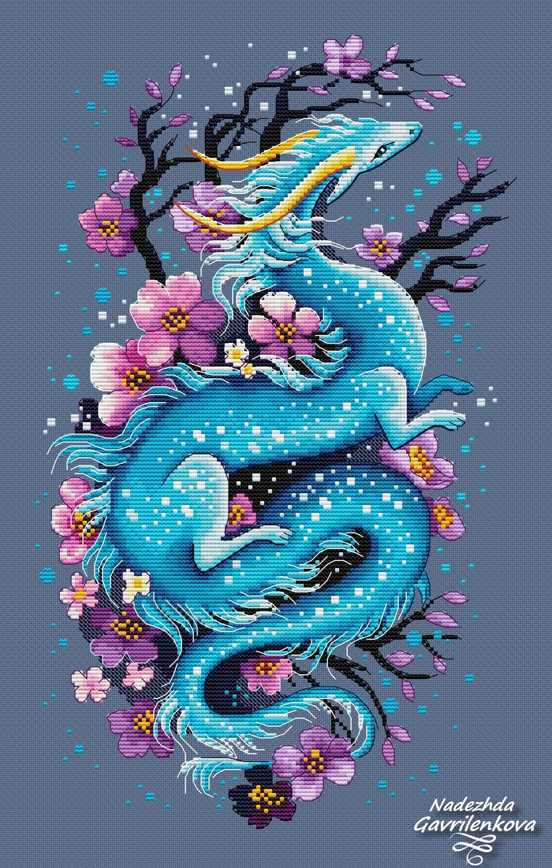 May include: A cross-stitch design featuring a blue dragon with yellow details, framed by pink and purple flowers and dark branches. The dragon is set against a grey background. The artist's name, Nadezhda Gavrilenkova, is in the bottom right corner.