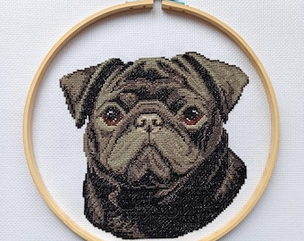 Black pug dog counted cross stitch pattern pdf. Modern pet memorial gift for pug dog mom dad. Digital file. AXS0364