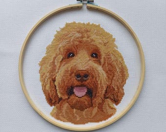 Red goldendoodle dog counted cross stitch pattern pdf. Modern pet memorial gift for doodle dog mom dad. Digital file. AXS0360