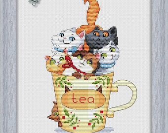 Funny Tea cats Cross Stitch Pattern: NadGavr Design (PDF Pattern) 1219