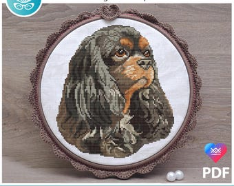 Black and tan Cavalier king charles spaniel dog cross stitch pattern pdf. Modern pet memorial gift for dog mom dad. Digital file. AXS0326