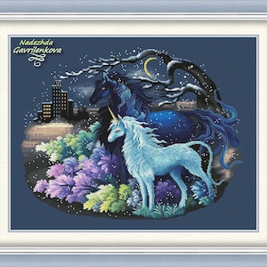 Het magische bos. Eenhoorn kruissteekpatroon pdf. Fantasie steekkaart. Digitaal. Saga. NadGavr 1159