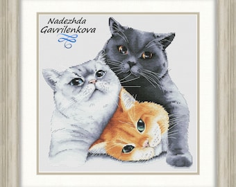 Furry trio. Cross Stitch Pattern pdf. Cats xstitch chart. Digital. Saga. NadGavr 1064