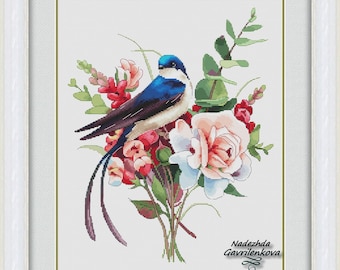 Swallow in flowers 2. Cross Stitch Pattern pdf. Bird xstitch chart. Digital. Saga. NadGavr 1201