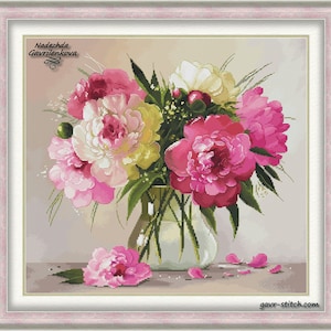 Roze pioenrozen. Kruissteekpatroon pdf. Steekkaart bloemen. Digitaal. Saga. NadGavr 1208
