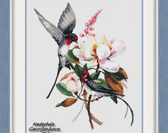 Svalor i blommor 3. Korsstygnsmönster pdf. Fågelmönster. Digitalt. Saga. NadGavr 1208