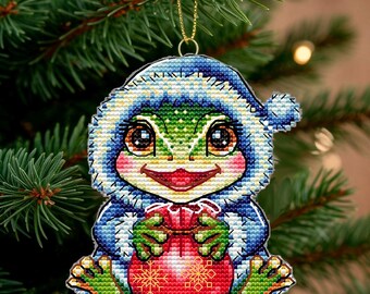 Christmas Funny Santa Frog with a gift cross stitch pattern: Small Holiday winter Ornament for plastic canvas (PDF Digital file). AXS0878-1