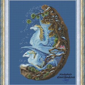 Sneeuwdraken. Draak kruissteekpatroon pdf. Fantasie gevleugelde liefde winterdraak steekkaart. Digitaal. Saga. NadGavr 1018
