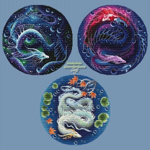 Set "3 waterdraken". Draak kruissteekpatroon pdf. Fantasie waterdraak steekkaart. Digitaal. Saga. NadGavr 1197