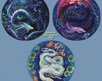 Set "3 Water Dragons". Dragon Cross Stitch Pattern pdf. Fantasy water dragon xstitch chart. Digital. Saga. NadGavr 1197