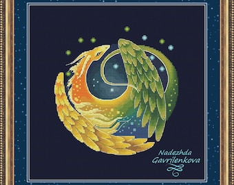 Dragon of Harmony. Dragon Cross Stitch Pattern pdf. Fantasy winged dragon xstitch chart. Digital. Saga. NadGavr 1019