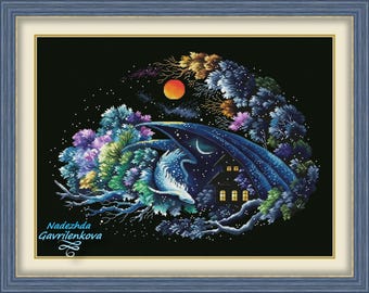Dragon - Guardian of Good Dreams. Dragon Cross Stitch Pattern pdf. Fantasy winged dragon xstitch chart. Digital. Saga. NadGavr 1137