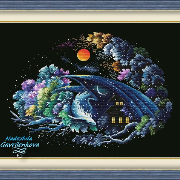 Dragon - Guardian of Good Dreams. Dragon Cross Stitch Pattern pdf. Fantasy winged dragon xstitch chart. Digital. Saga. NadGavr 1137