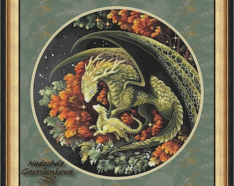 Dragons. Autumn walk. Dragon Cross Stitch Pattern pdf. Fantasy winged mom baby dragon xstitch chart. Digital. Saga. NadGavr 1147