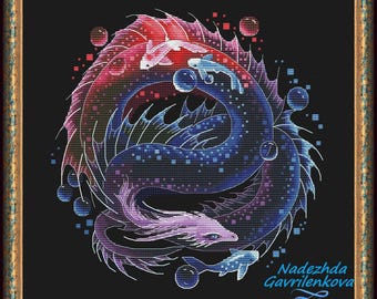 The lady of the lake. Dragon Cross Stitch Pattern pdf. Fantasy water dragon xstitch chart. Digital. Saga. NadGavr 1013