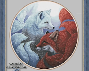 Kitsune. Ice and flame.  Cross Stitch Pattern pdf. Fox xstitch chart. Digital. Saga. NadGavr 1136