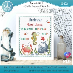 Baby birth announcement cross stitch pattern pdf. Under the sea nursery theme for baby boy girl. Personalized DIY. Digital file AXS0302