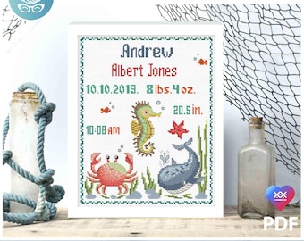 Baby birth announcement cross stitch pattern pdf. Under the sea nursery theme for baby boy girl. Personalized DIY. Digital file AXS0302